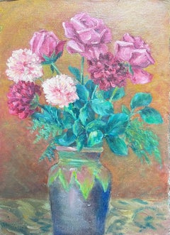 1950's French Oil Still Life of Roses and Carnations in a Verdant Vase