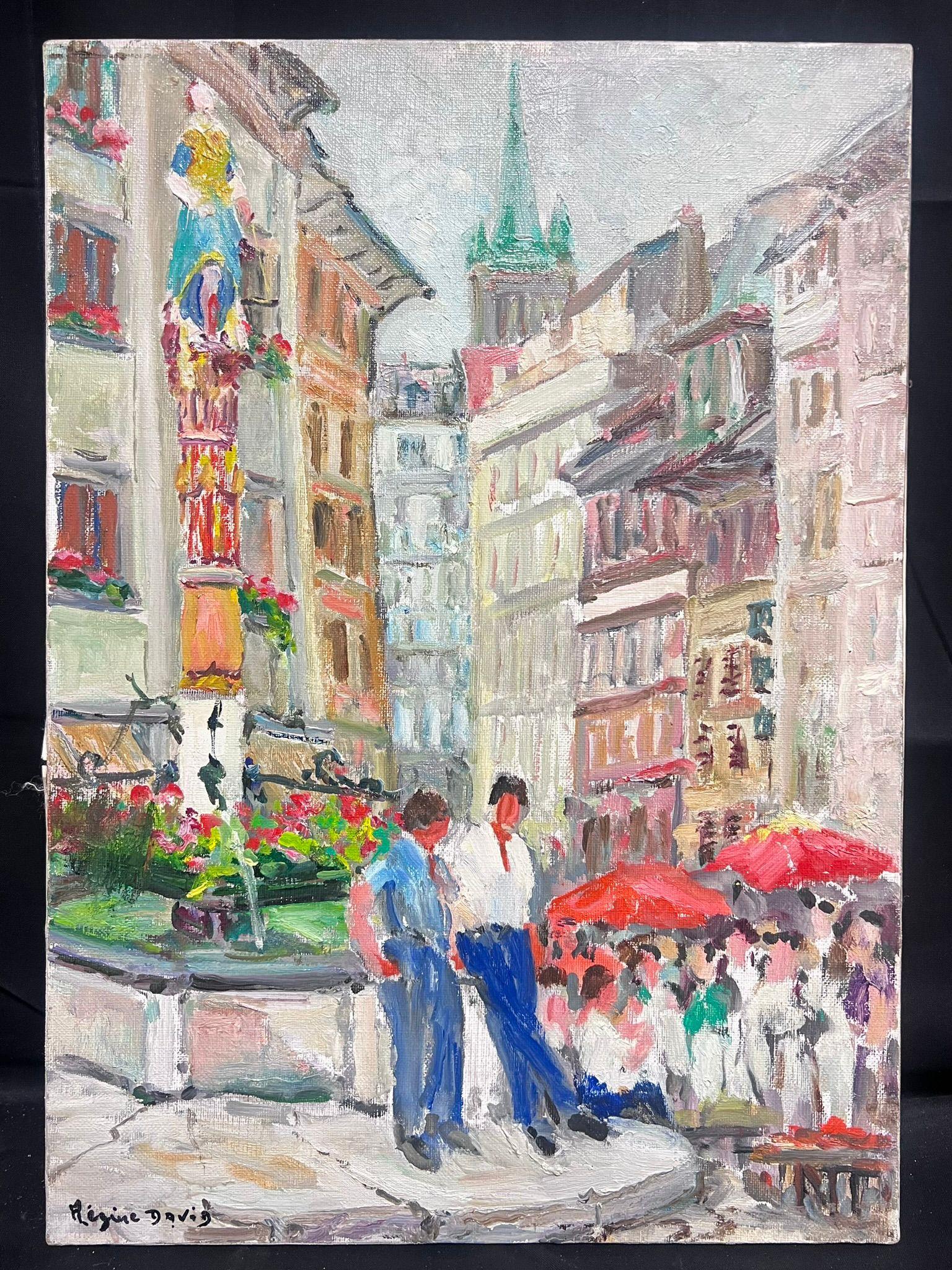 1950's French Post-Impressionist Oil Lausanne Switzerland Old Market Village Sq - Painting by Regine David