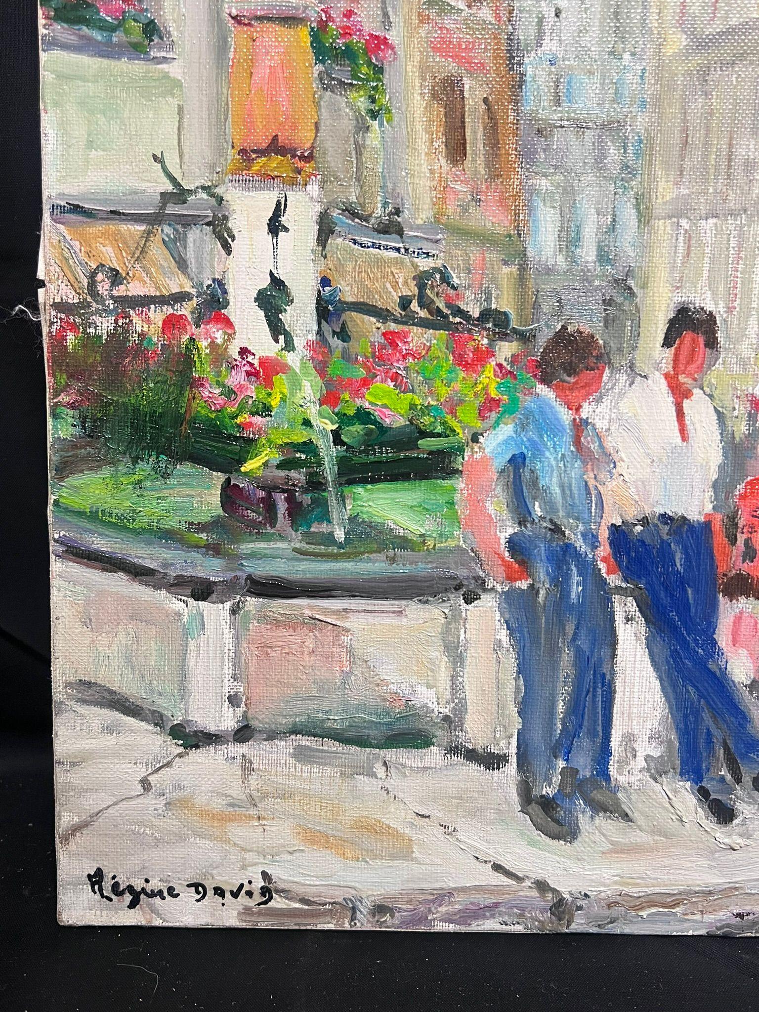 1950's French Post-Impressionist Oil Lausanne Switzerland Old Market Village Sq - Gray Landscape Painting by Regine David