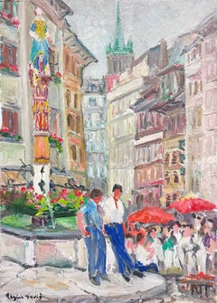 1950's Französisch Post-Impressionist Öl Lausanne Schweiz Old Market Village Sq
