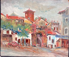 Olio post-impressionista francese del 1950 St Jean Pied de Port Pyrenees Basque Townes