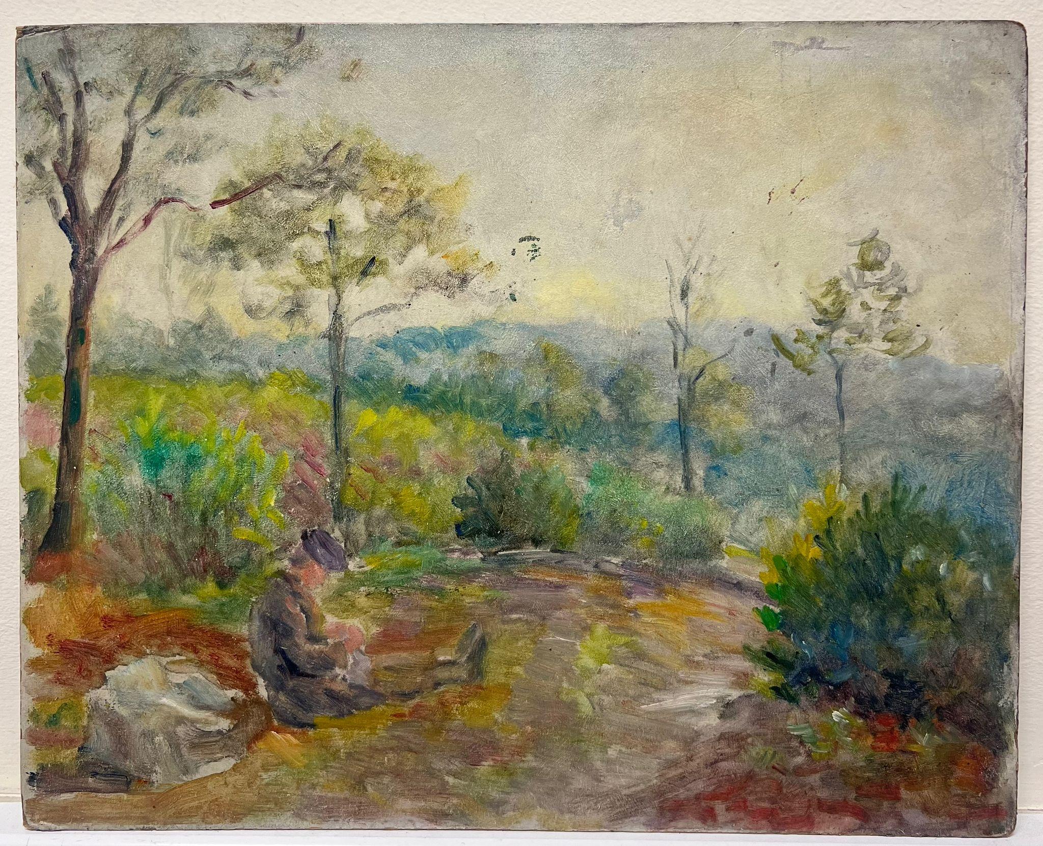 1950's French Post-Impressionist Oil Traveller Pausing for Rest Provence Pathway – Painting von Regine David