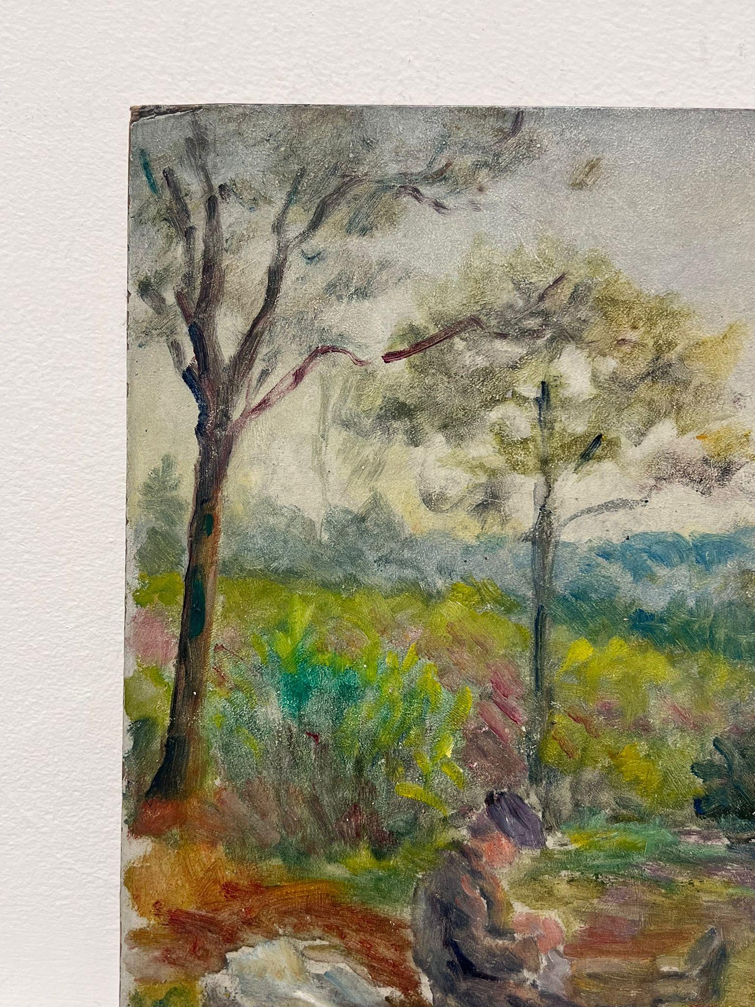 1950's French Post-Impressionist Oil Traveller Pausing for Rest Provence Pathway (Post-Impressionismus), Painting, von Regine David