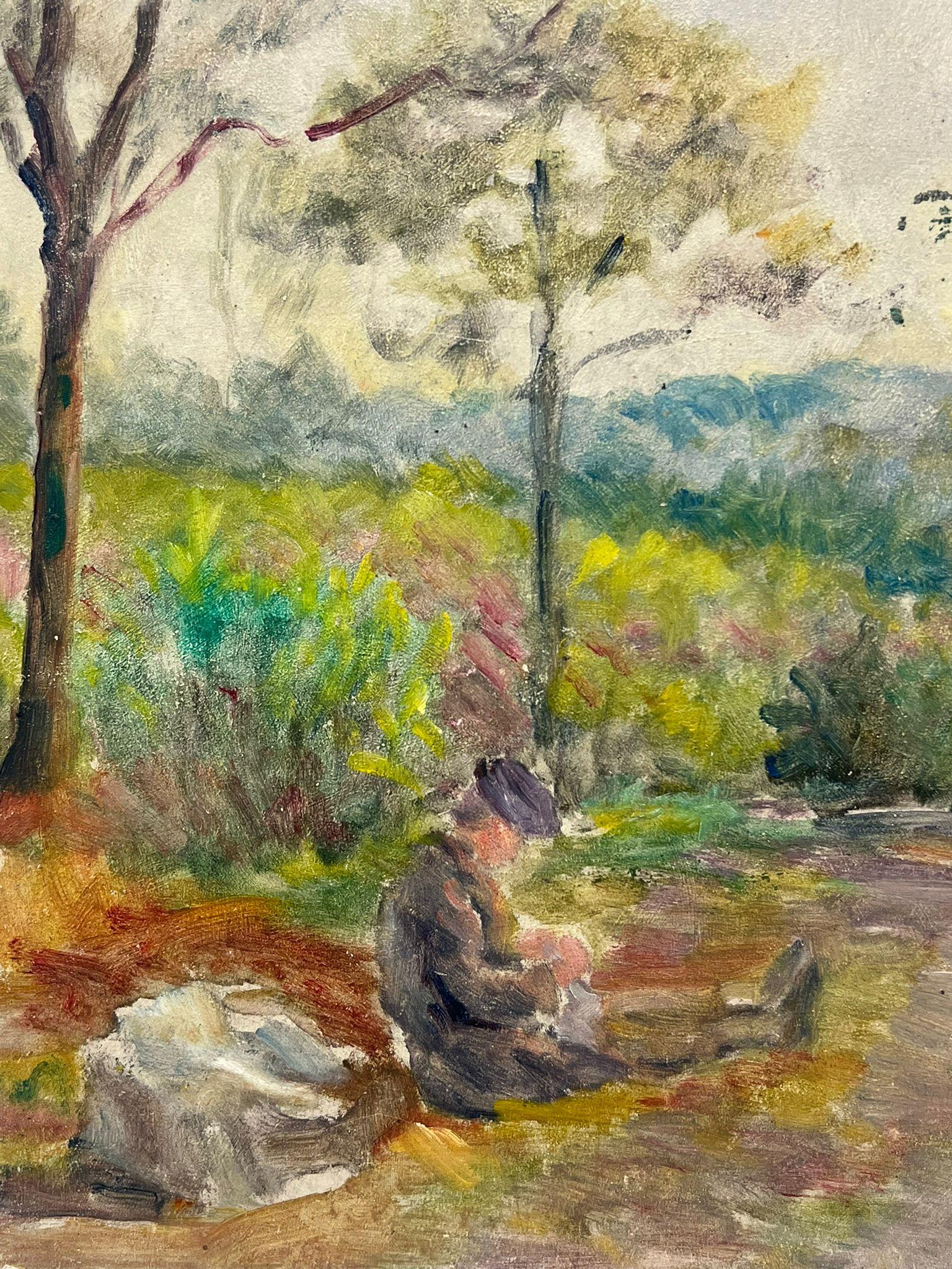 1950's French Post-Impressionist Oil Traveller Pausing for Rest Provence Pathway (Braun), Landscape Painting, von Regine David