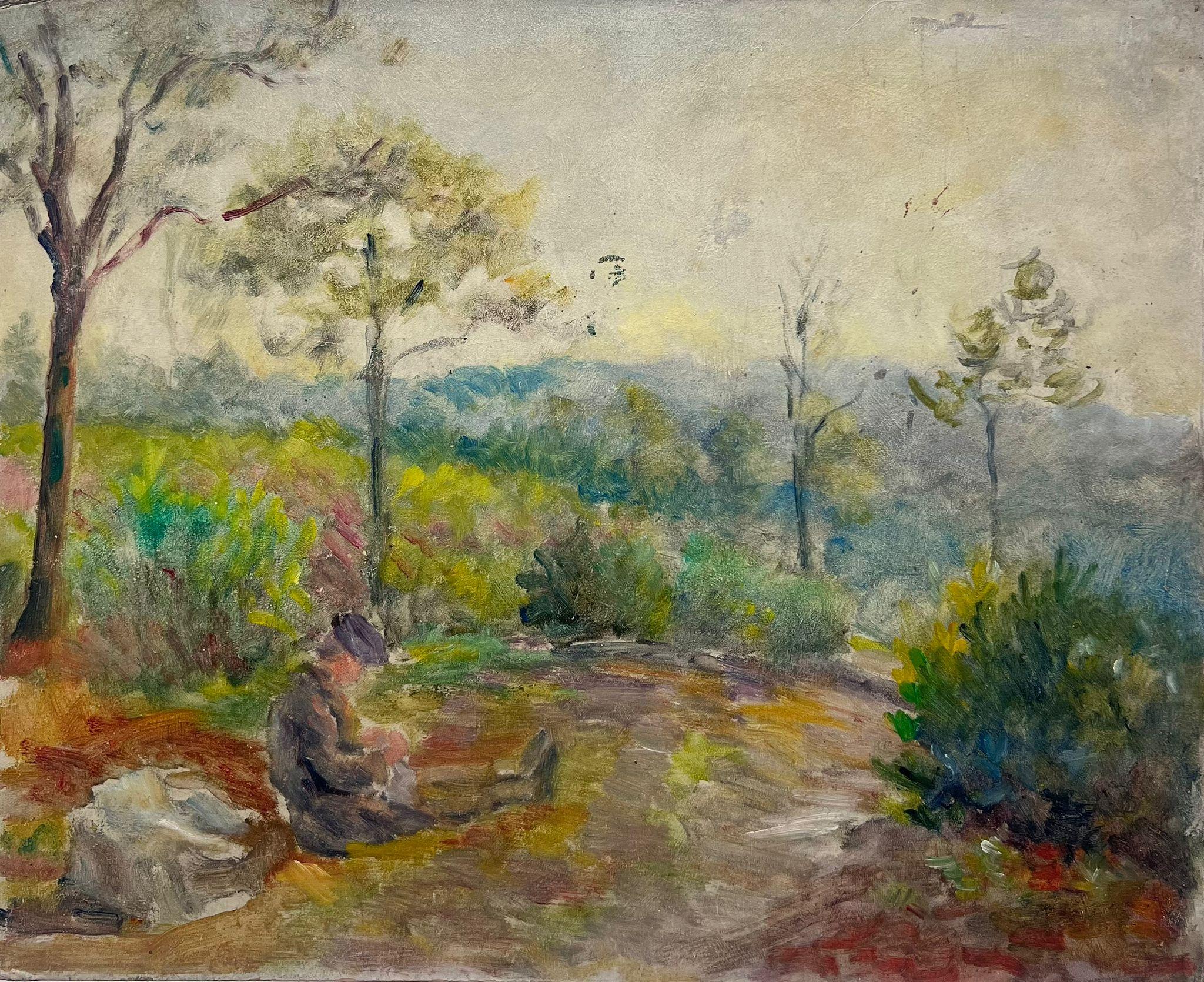 Regine David Landscape Painting – 1950's French Post-Impressionist Oil Traveller Pausing for Rest Provence Pathway
