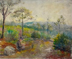1950's French Post-Impressionist Oil Traveller Pausing for Rest Provence Pathway