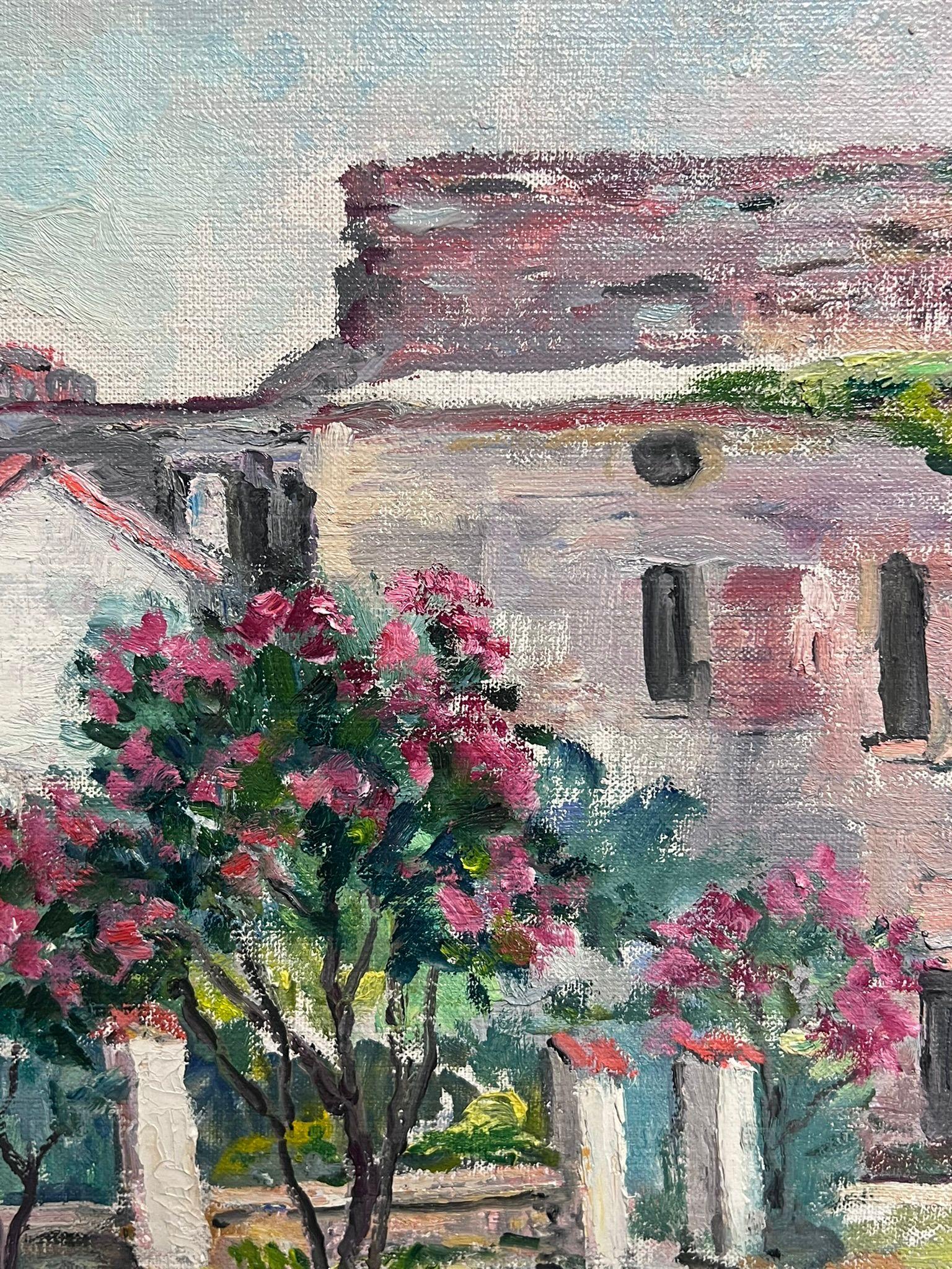 Huile post-impressionniste française des années 1950, signée, ancienne jardinière de village français provençale en vente 2