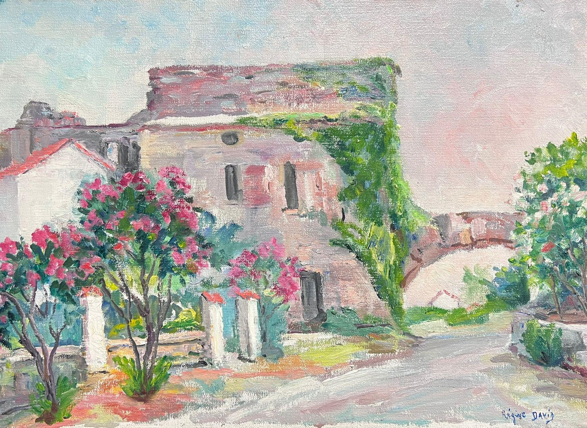Landscape Painting Regine David - Huile post-impressionniste française des années 1950, signée, ancienne jardinière de village français provençale