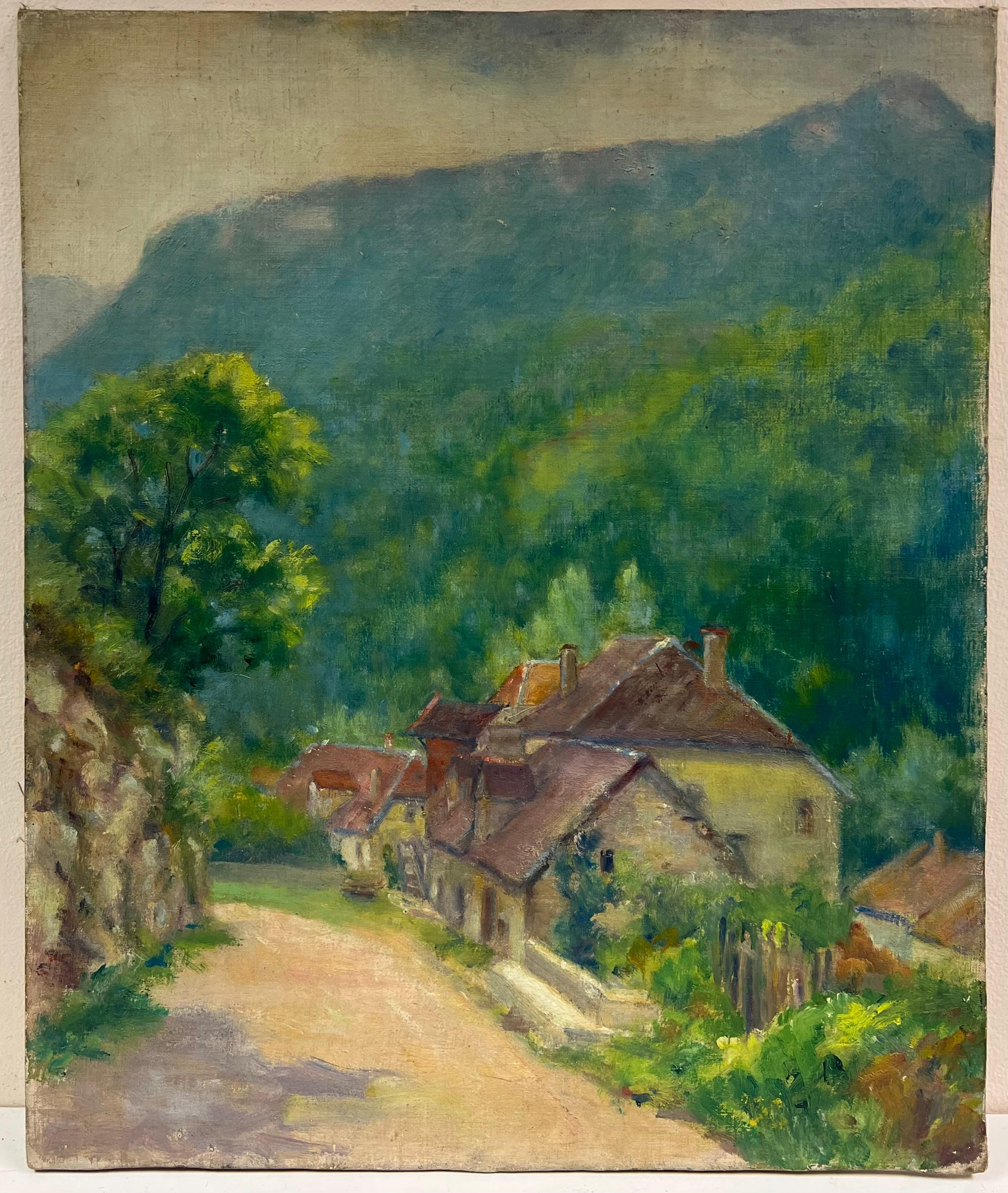 Pintura al óleo impresionista francesa de los años 60 Paisaje soleado de ensueño Casas verdes - Painting de Regine David