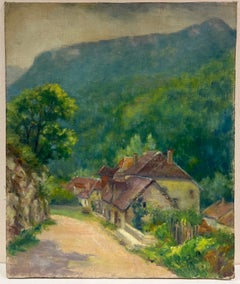 1960's French Impressionist Oil Painting Dreamy Sunny Green Landscape Houses (peinture à l'huile impressionniste française)