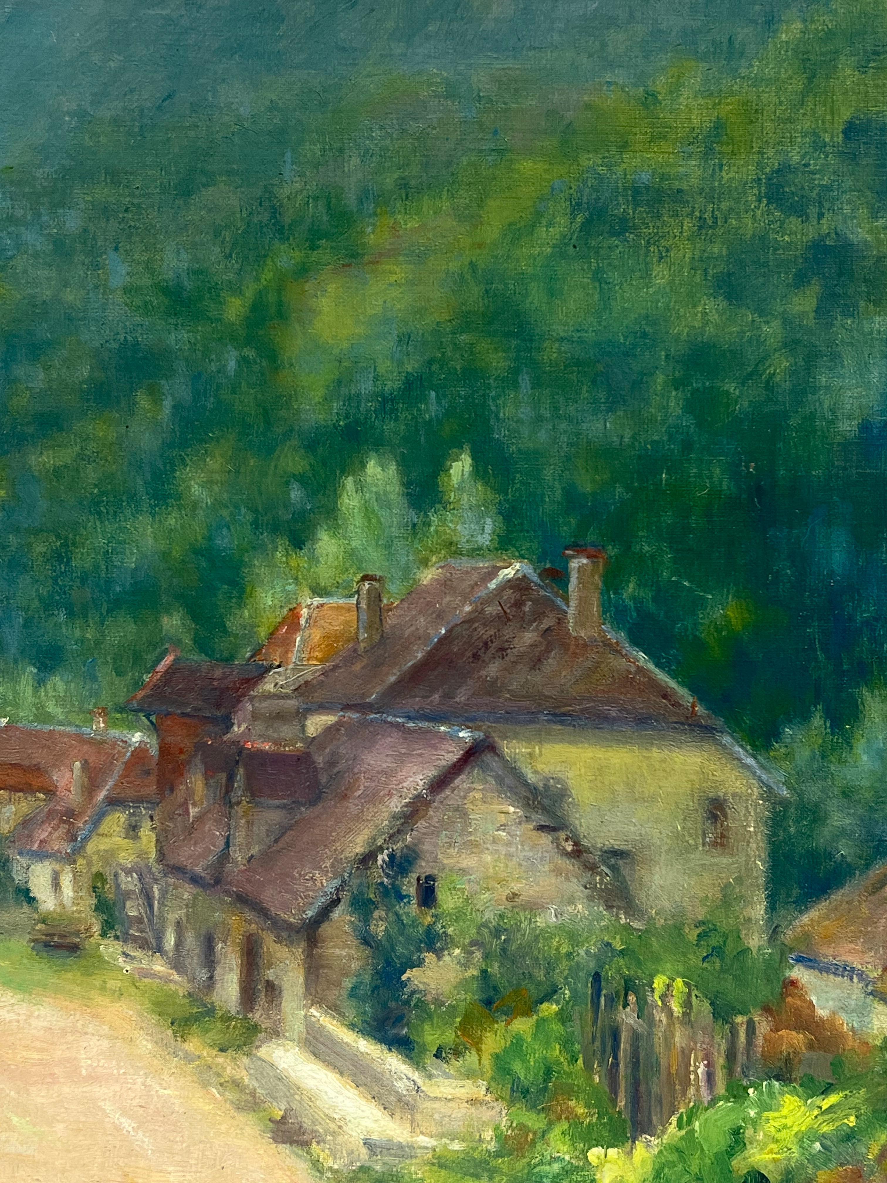 Pintura al óleo impresionista francesa de los años 60 Paisaje soleado de ensueño Casas verdes - Painting Posimpresionista de Regine David