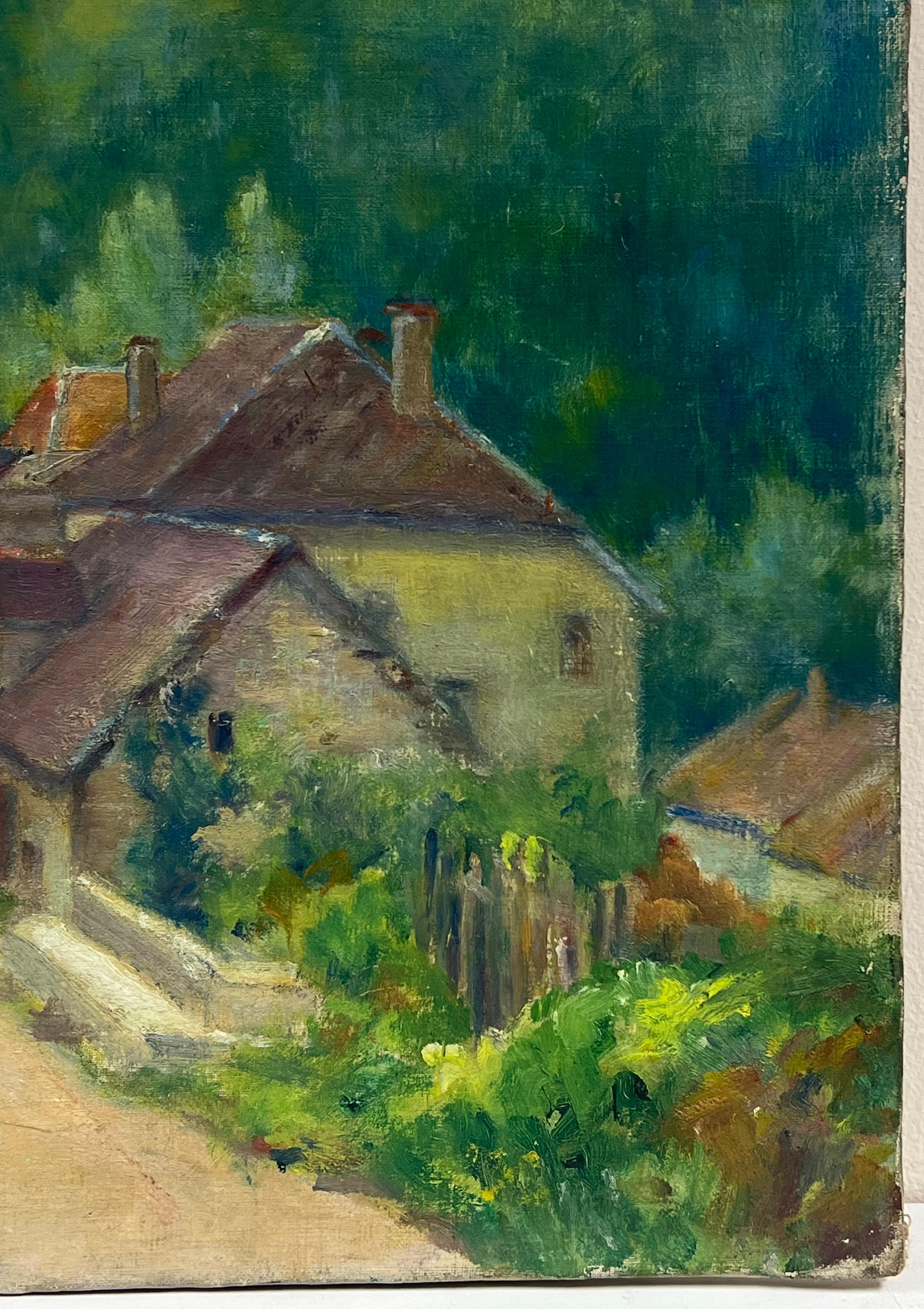Pintura al óleo impresionista francesa de los años 60 Paisaje soleado de ensueño Casas verdes en venta 1