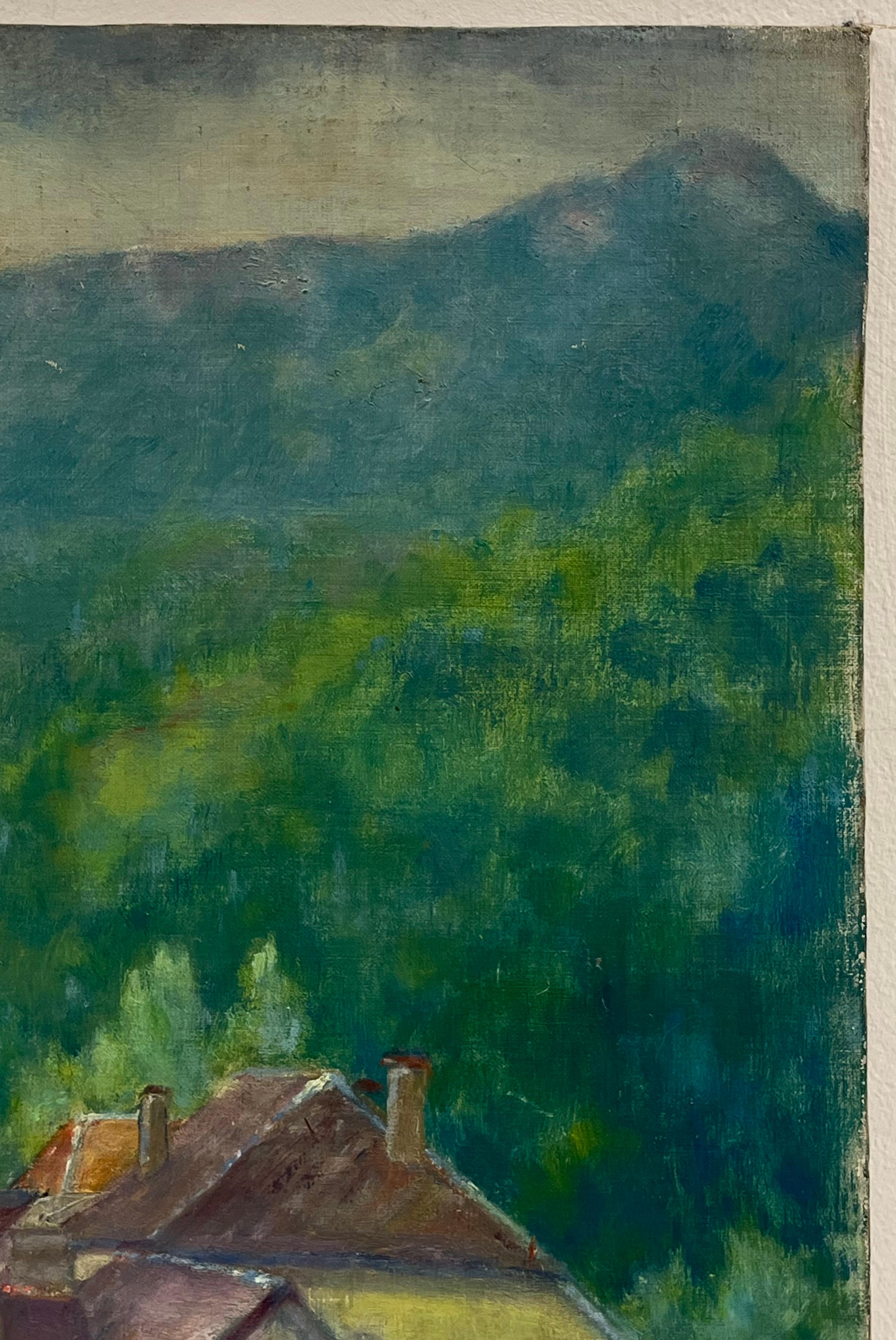 Pintura al óleo impresionista francesa de los años 60 Paisaje soleado de ensueño Casas verdes en venta 2
