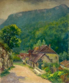 1960's French Impressionist Oil Painting Dreamy Sunny Green Landscape Houses