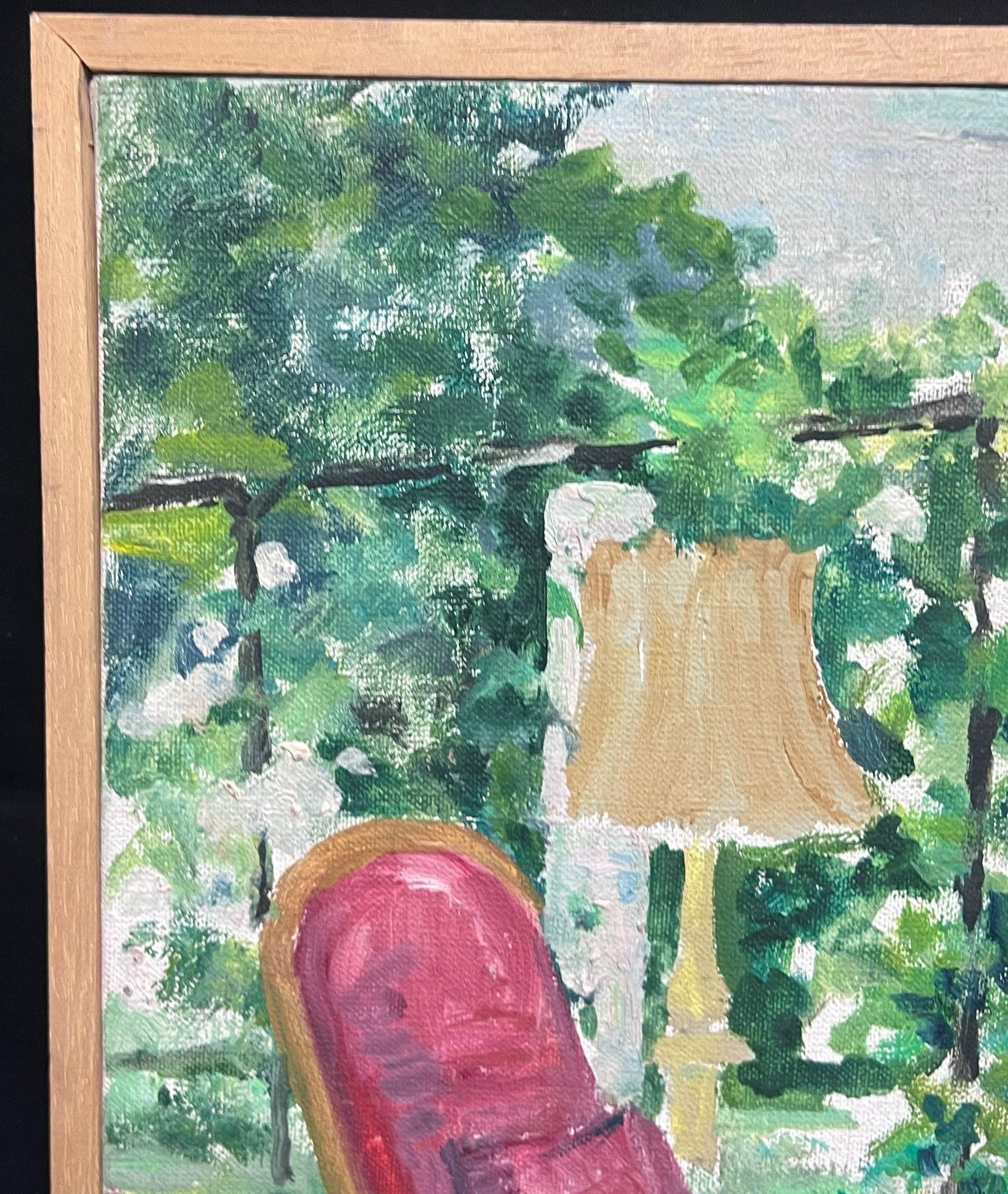 20th Century French Post-Impressionist Oil Pink Chair in Interior Garden Roo - Painting by Regine David