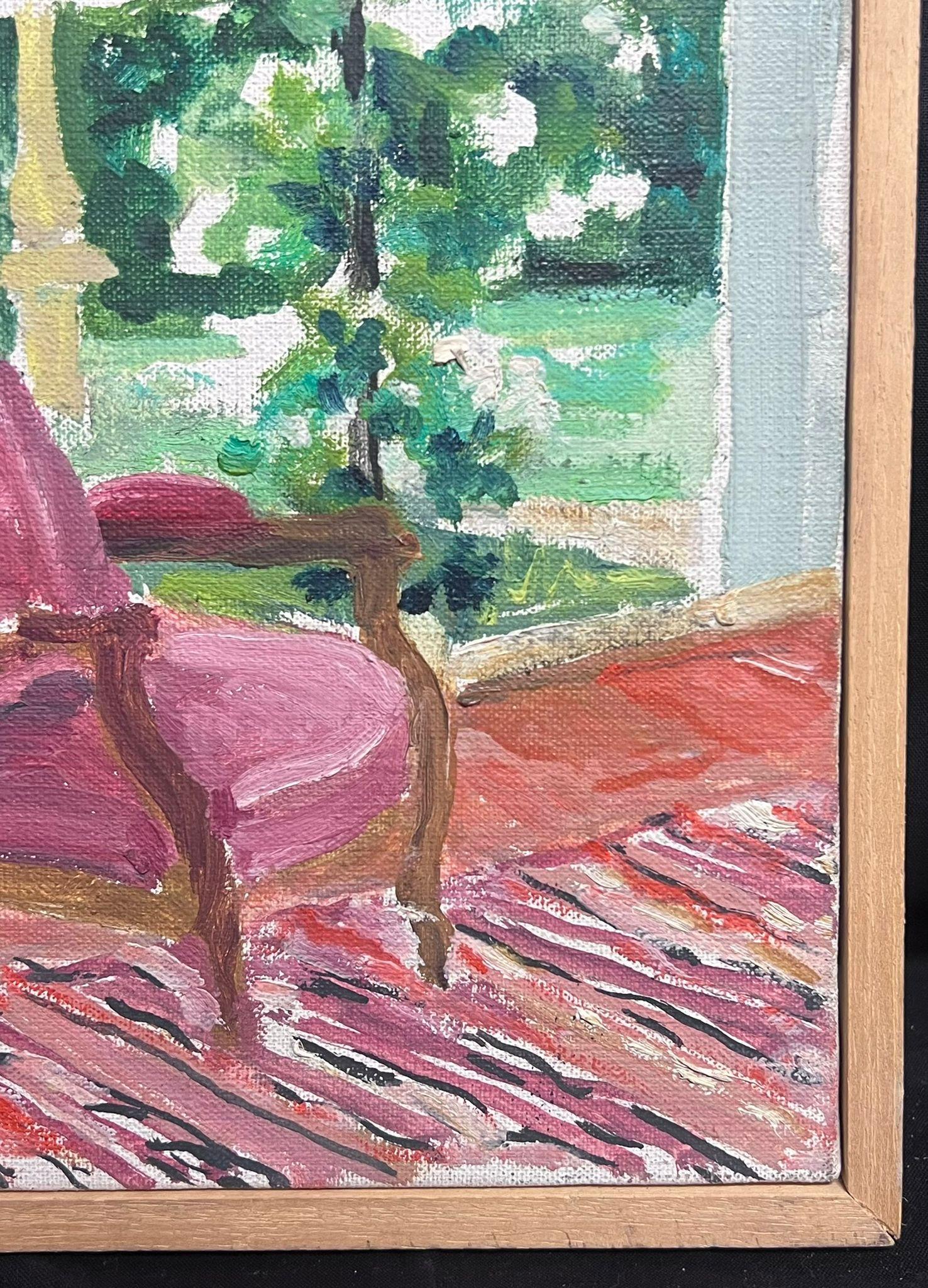 20th Century French Post-Impressionist Oil Pink Chair in Interior Garden Roo - Brown Landscape Painting by Regine David
