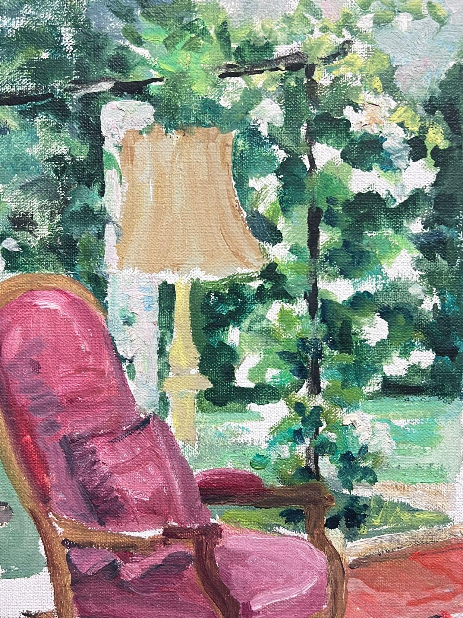 20th Century French Post-Impressionist Oil Pink Chair in Interior Garden Roo For Sale 1