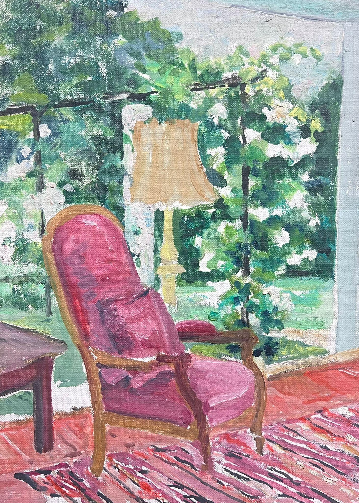 20th Century French Post-Impressionist Oil Pink Chair in Interior Garden Roo For Sale 2