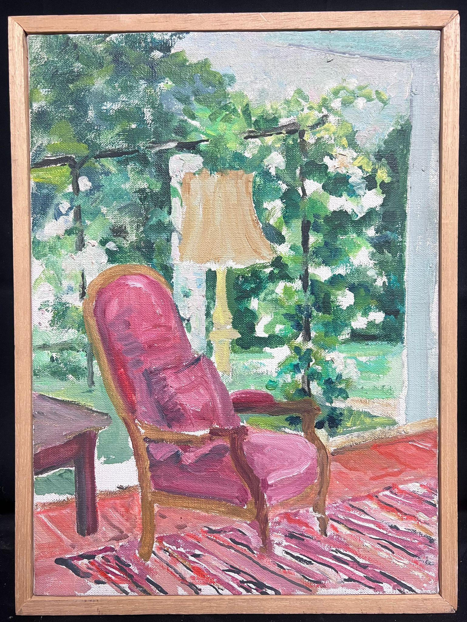 Regine David Landscape Painting - 20th Century French Post-Impressionist Oil Pink Chair in Interior Garden Roo