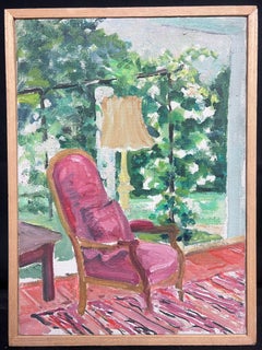 20th Century French Post-Impressionist Oil Pink Chair in Interior Garden Roo
