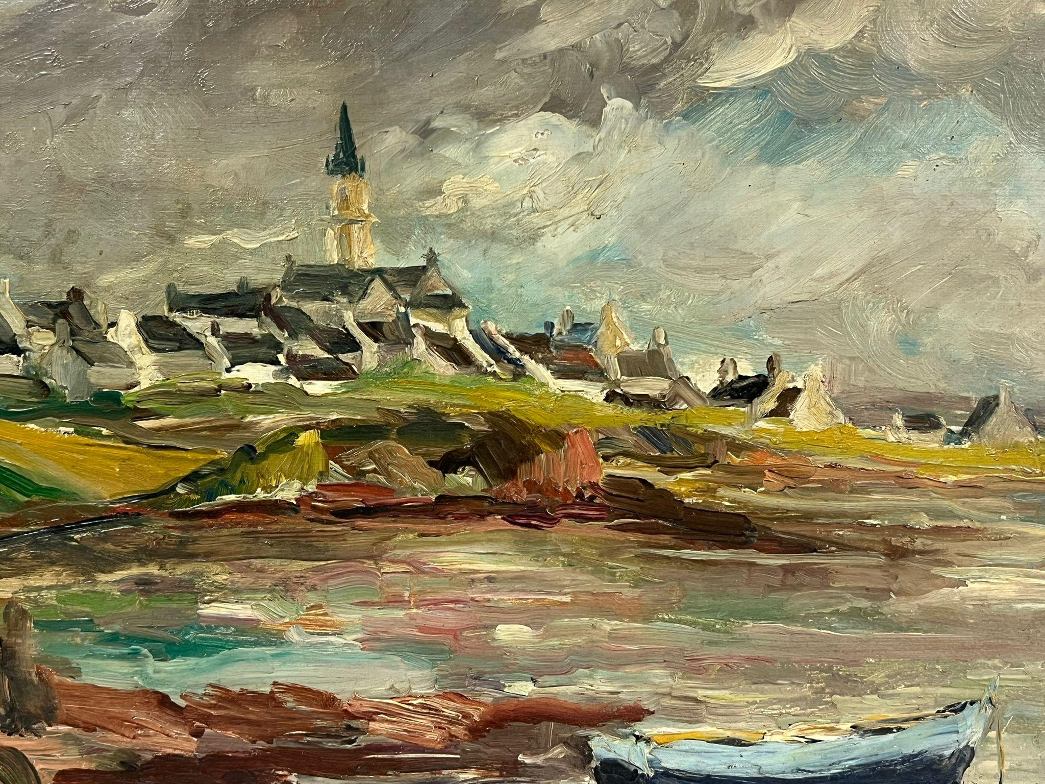 Atmospheric Coastal Landscape of a French Village with Church Steeple - Painting by Regine David