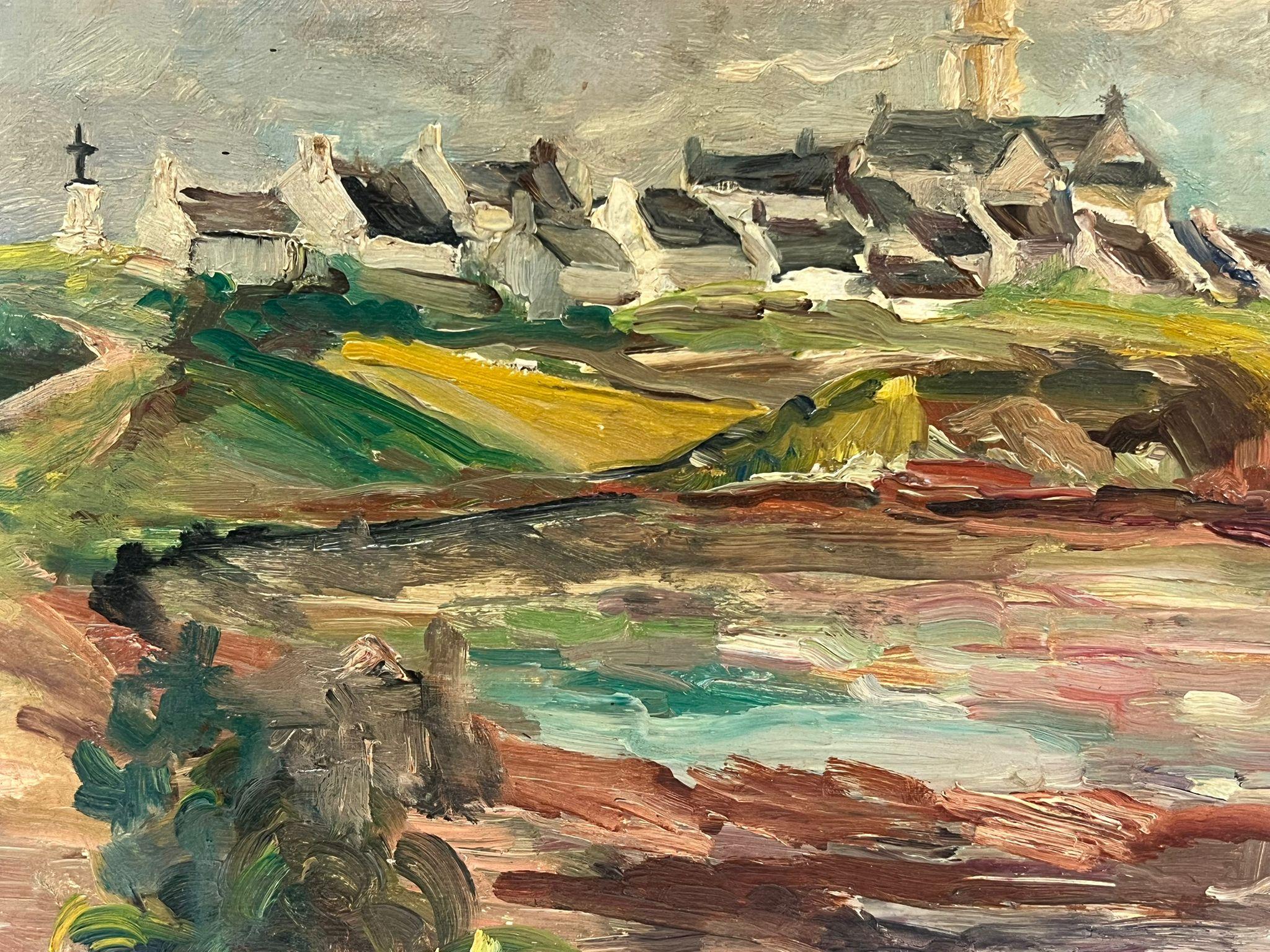 Atmospheric Coastal Landscape of a French Village with Church Steeple - Gray Landscape Painting by Regine David