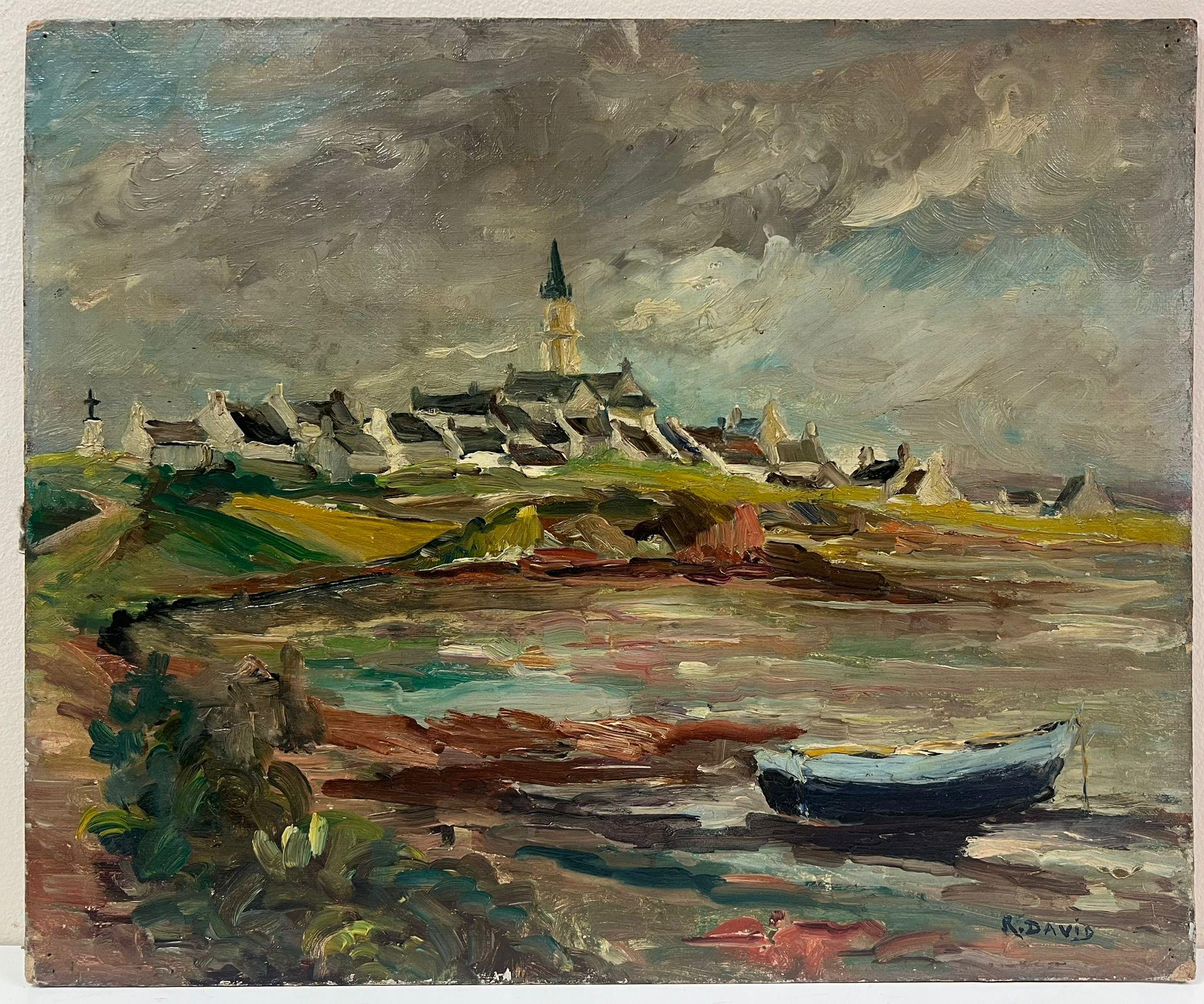Coastal Landscape 
signed by Regine David (female French artist, 1910-2018)
oil painting on board, unframed
board: 15 x 18 inches
condition: This painting is in excellent condition, with vibrant colors and well-preserved details. The board is