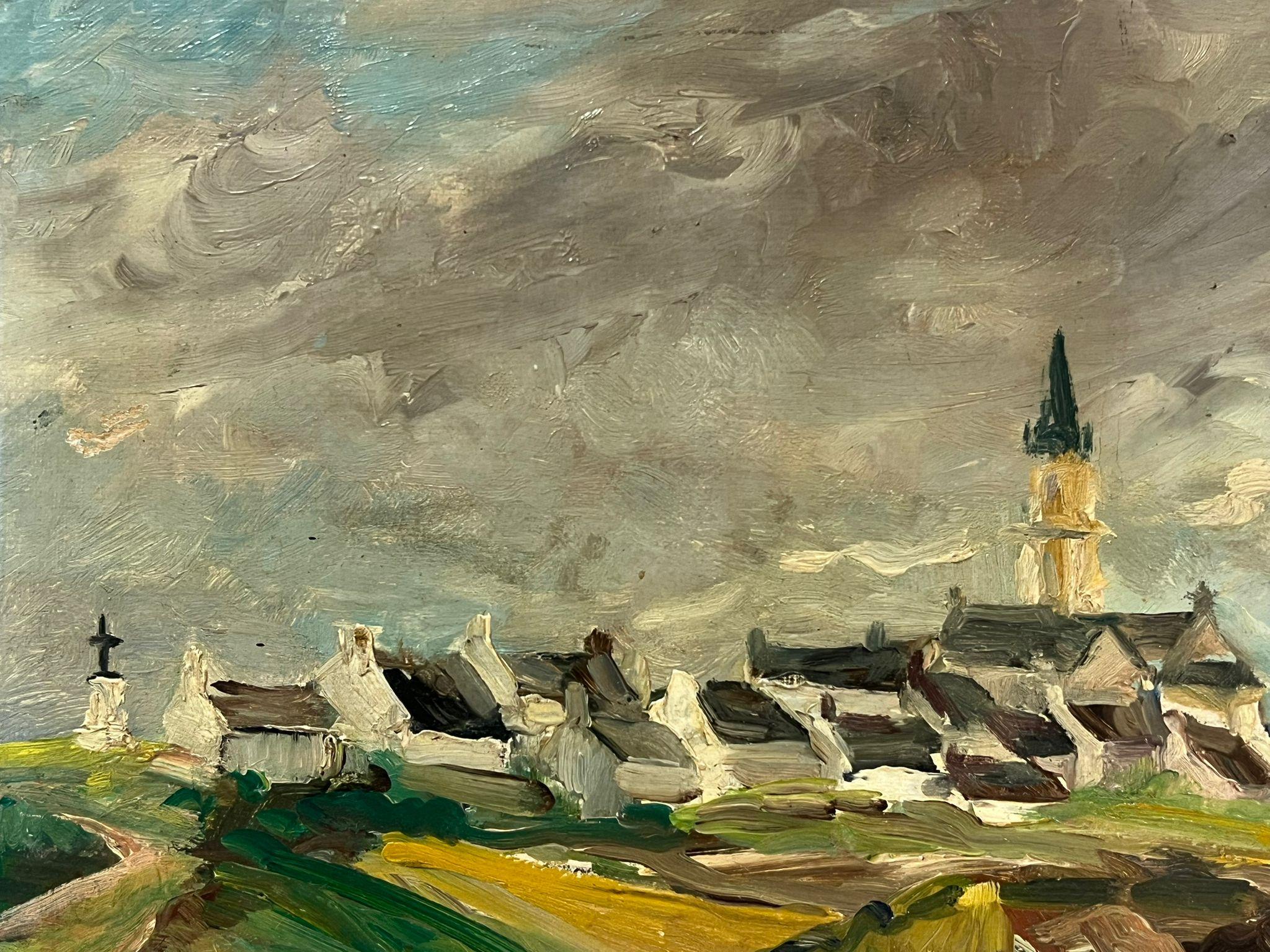 Atmospheric Coastal Landscape of a French Village with Church Steeple For Sale 1