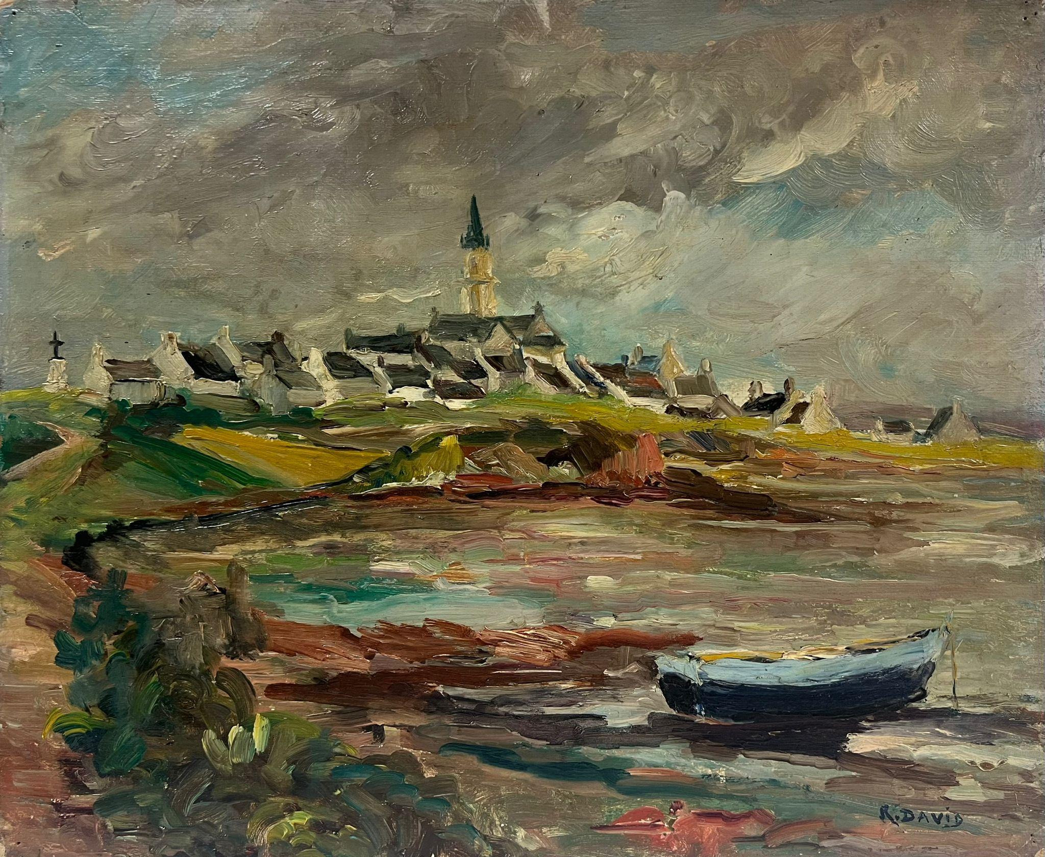 Regine David Landscape Painting - Atmospheric Coastal Landscape of a French Village with Church Steeple