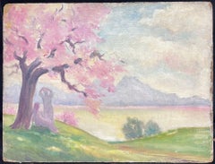 Bathers by French Lake Pink Blossom Trees 1950's French Post-Impressionist Oil