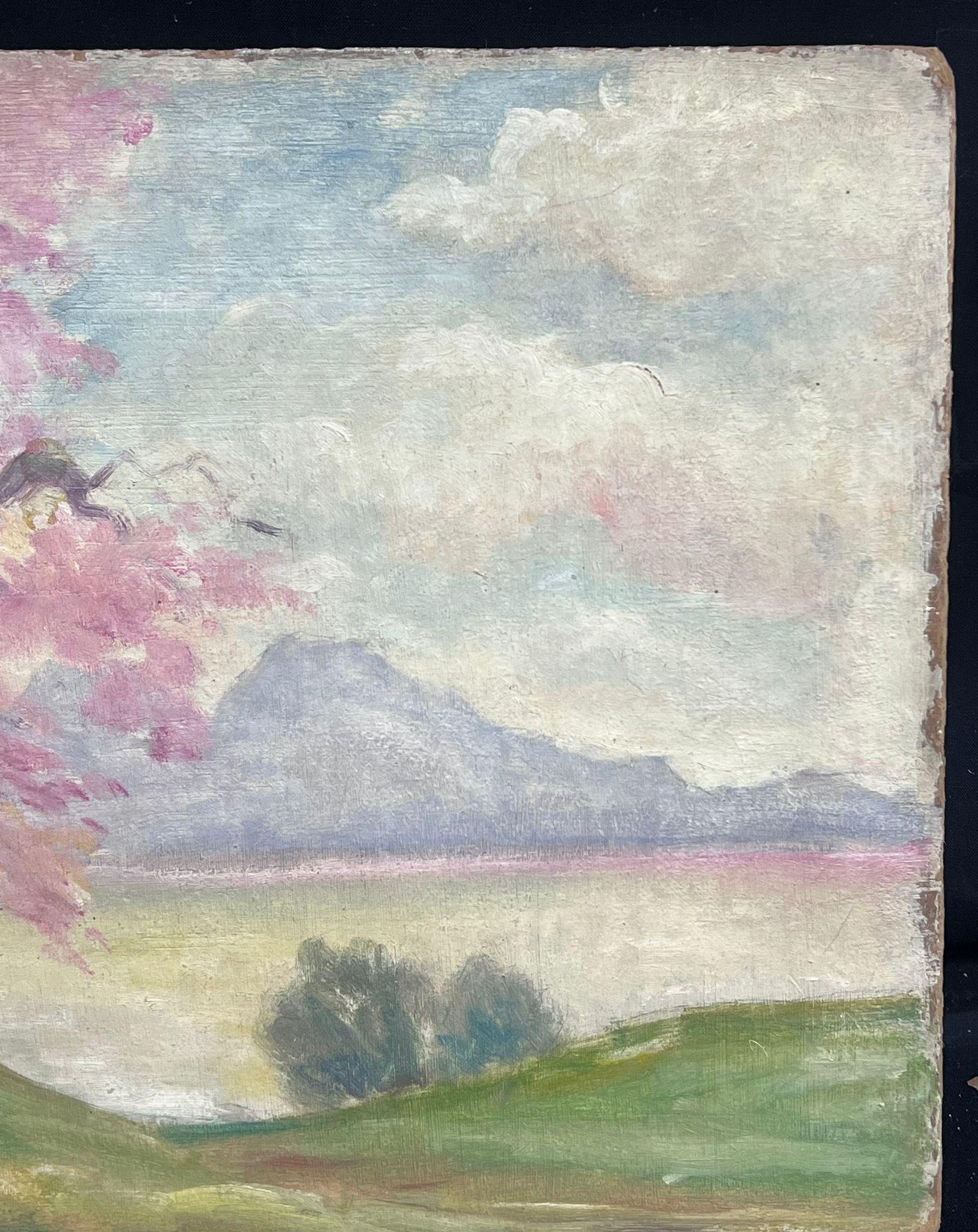 Badende am französischen See Rosa Blütenbäume 1950er Jahre Französisch Post-Impressionist Oil (Post-Impressionismus), Painting, von Regine David