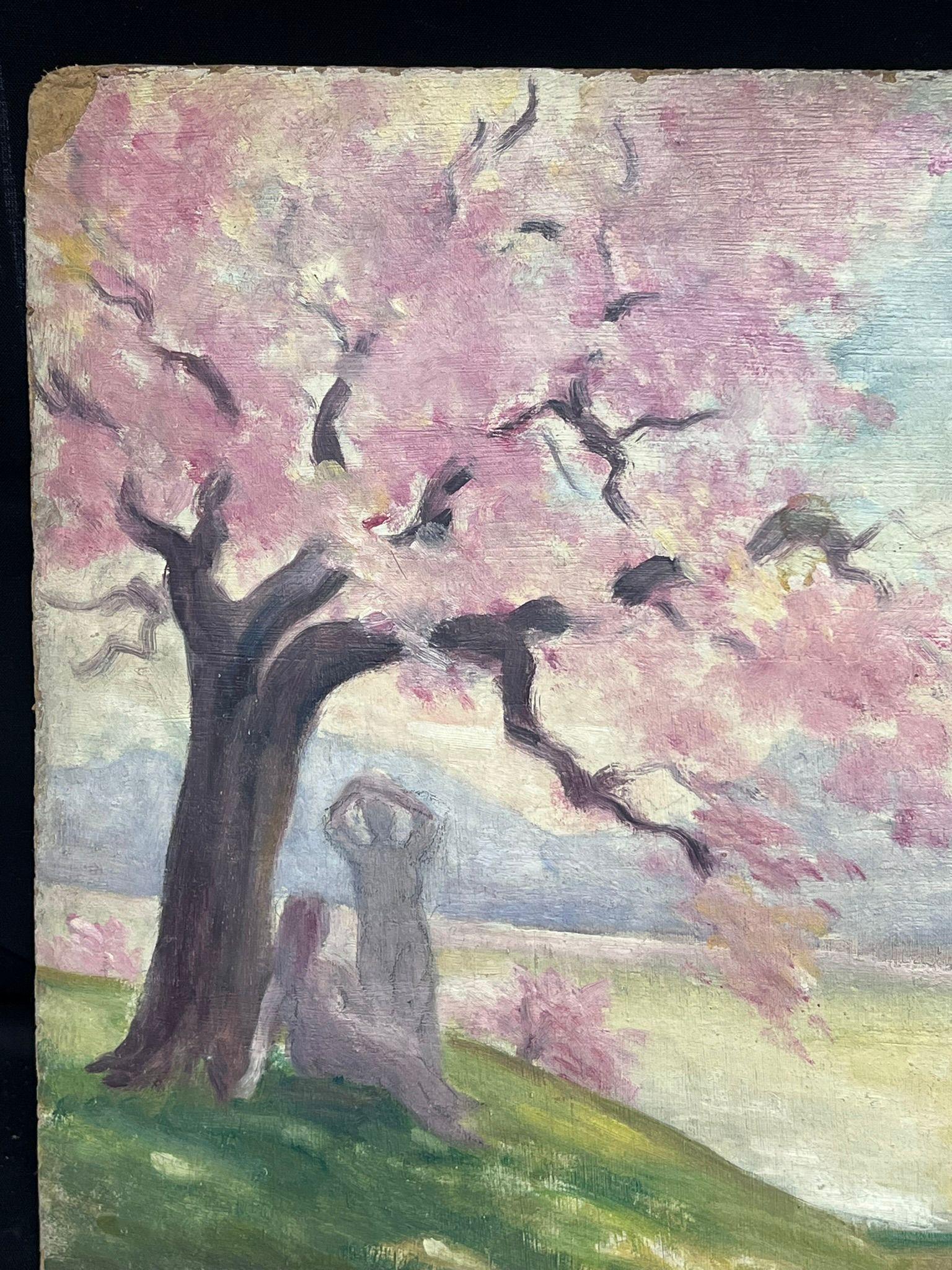 Badende am französischen See Rosa Blütenbäume 1950er Jahre Französisch Post-Impressionist Oil (Beige), Landscape Painting, von Regine David
