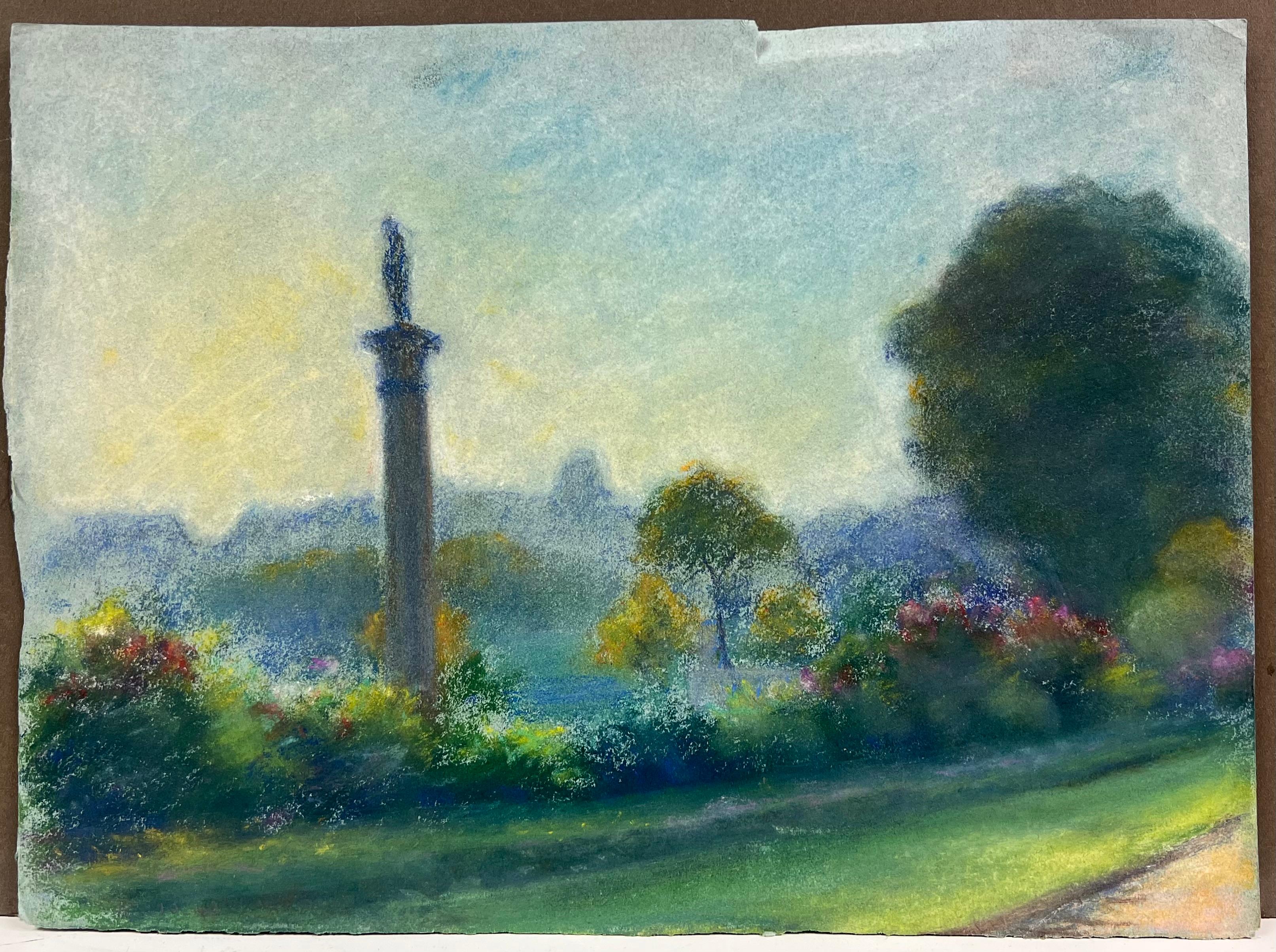 Paesaggio pastello luminoso e tranquillo con Silhouette di un monumento - Painting di Regine David