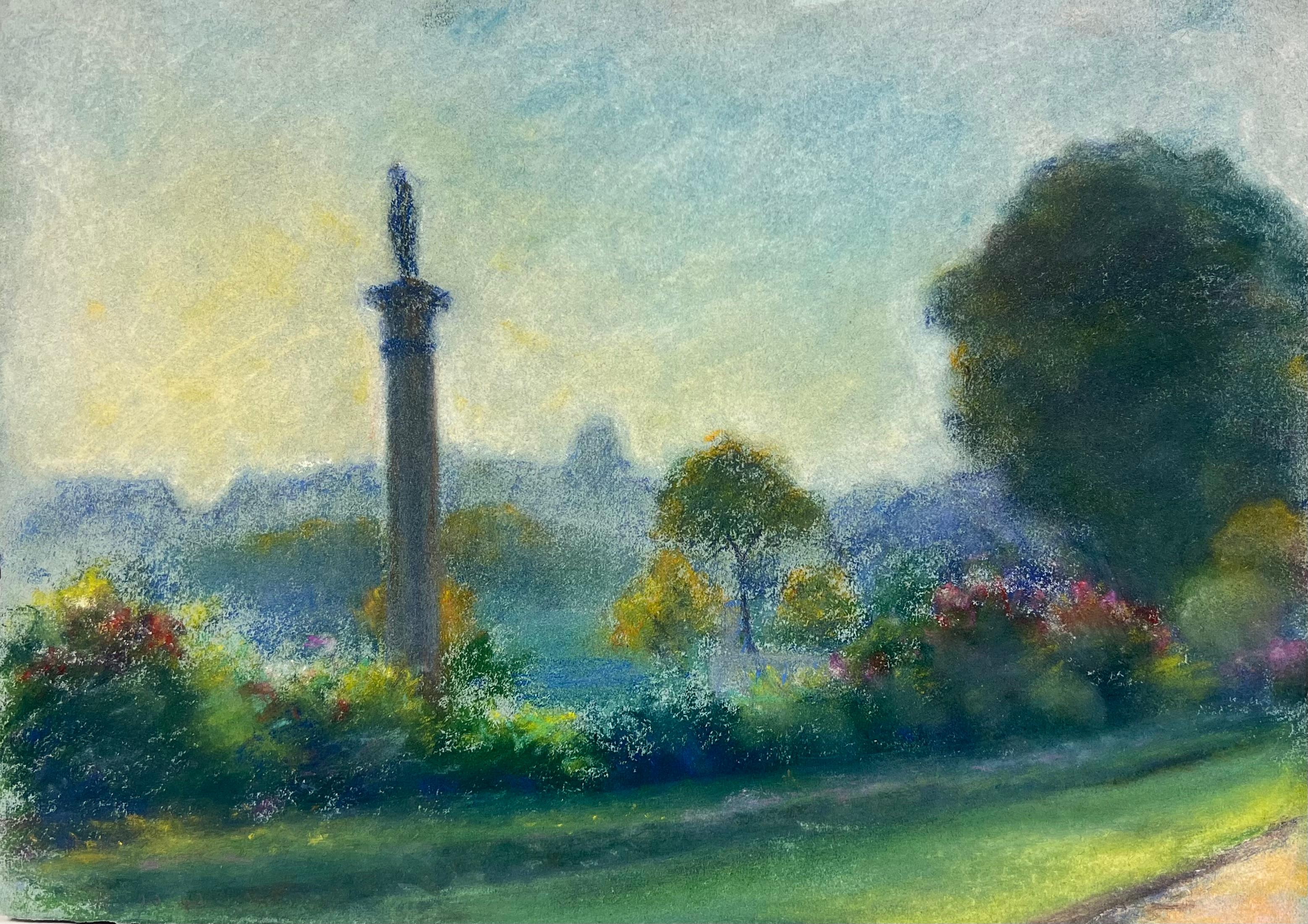 Landscape Painting di Regine David - Paesaggio pastello luminoso e tranquillo con Silhouette di un monumento