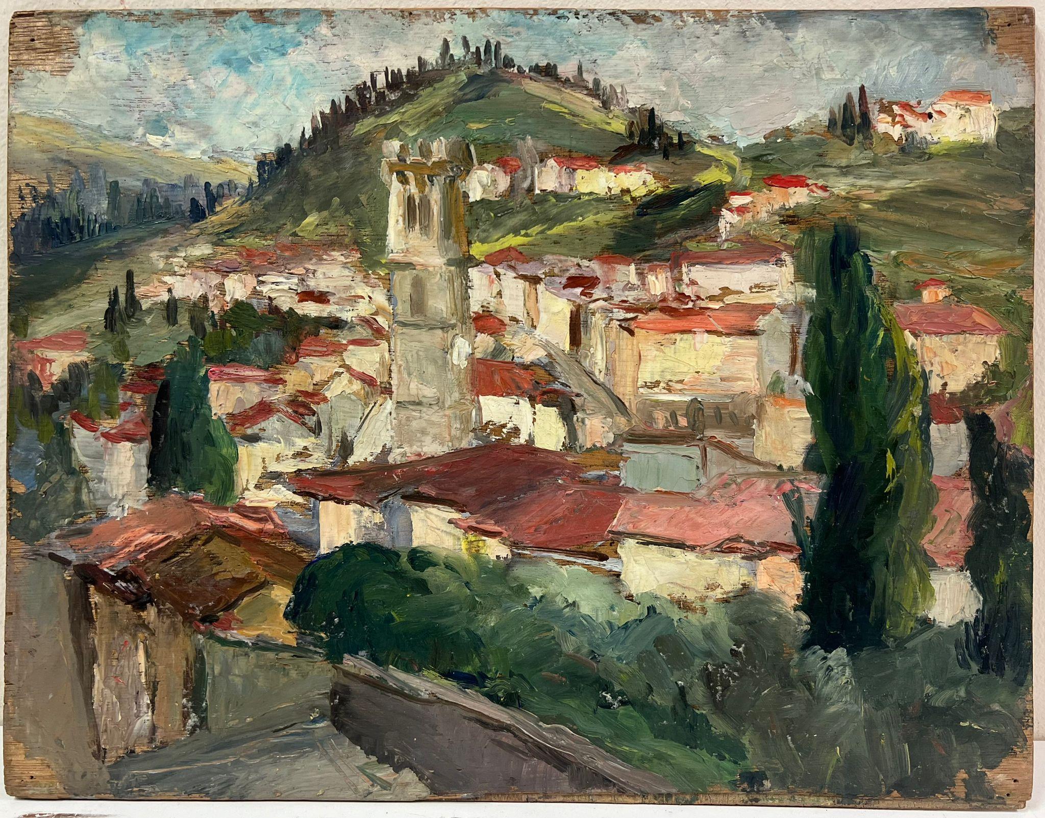 Encantadora escena de pueblo en lo alto de una colina con tejados de tejas rojas y cipreses - Painting de Regine David