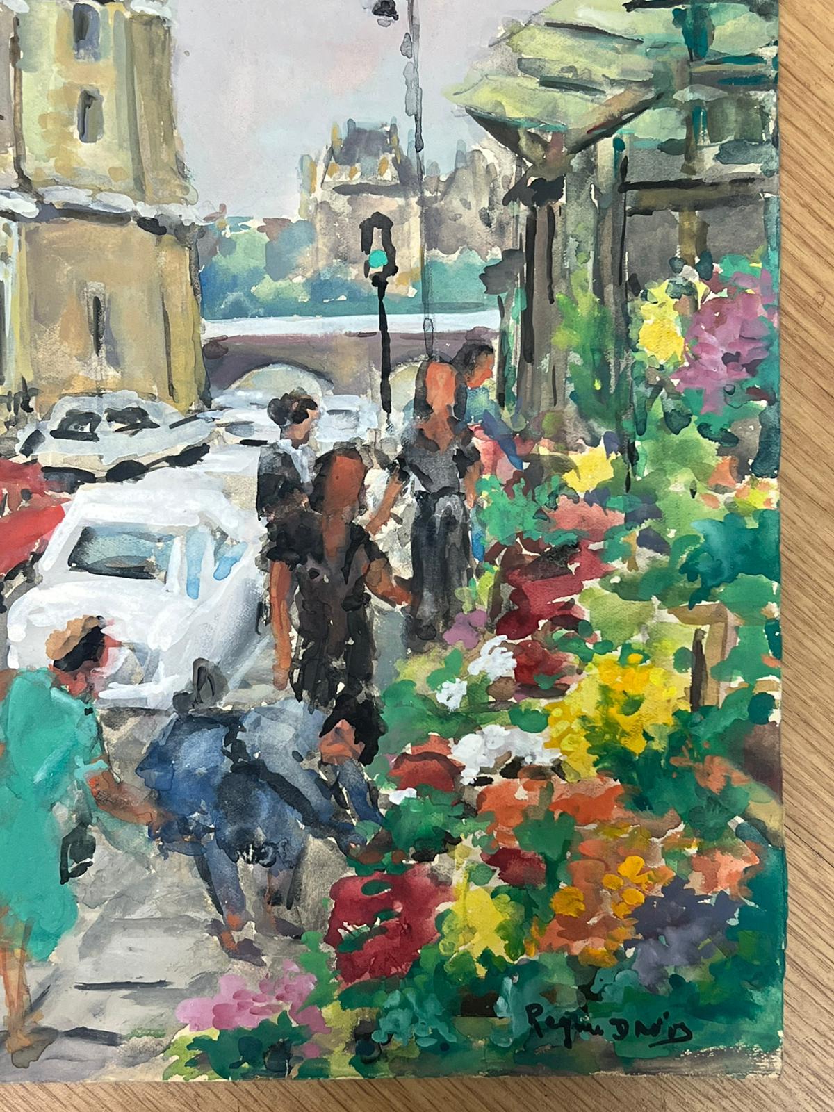Incantevole scena di strada parigina con mercato dei fiori e architettura storica - Painting di Regine David