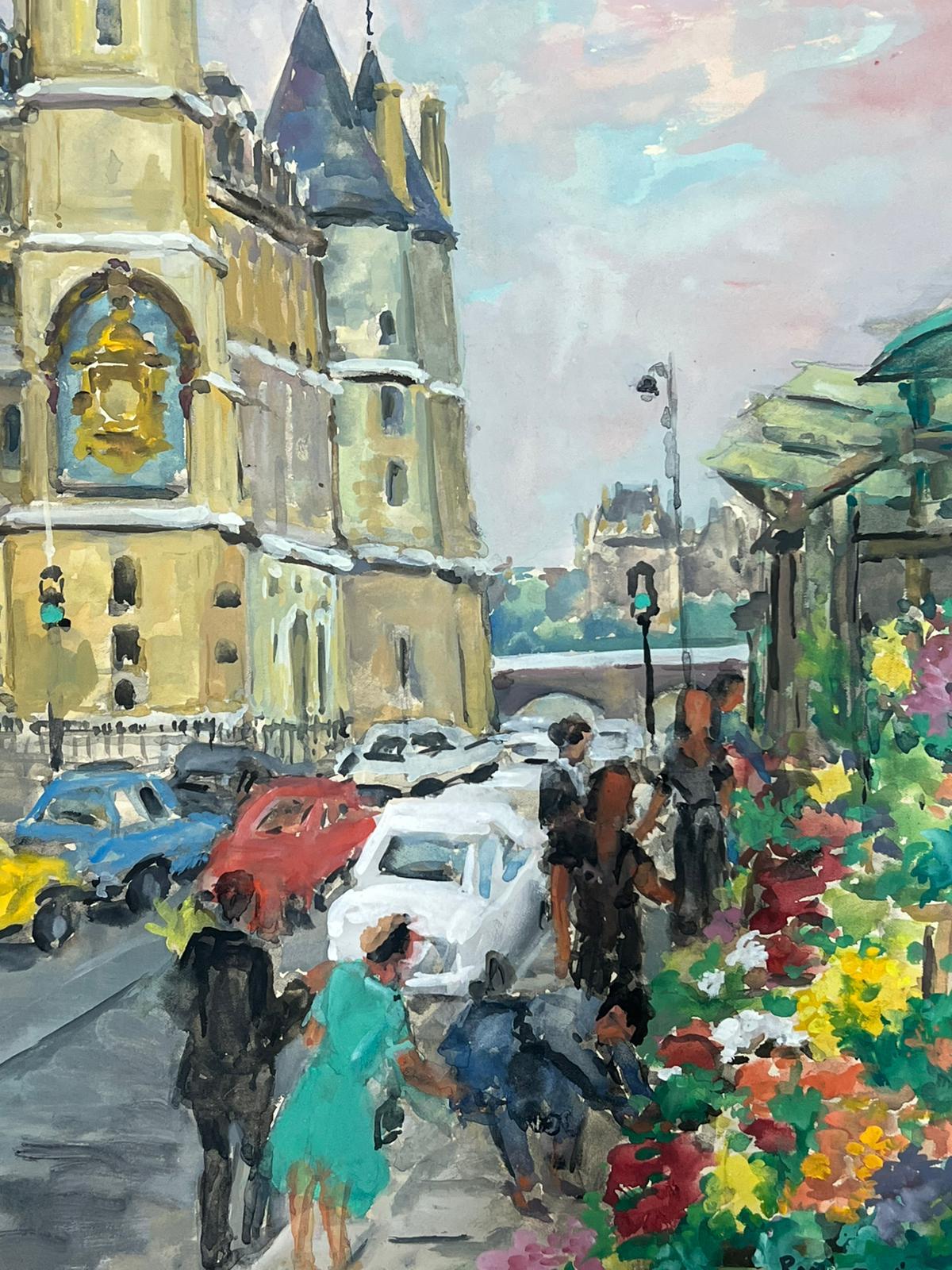 Incantevole scena di strada parigina con mercato dei fiori e architettura storica - Painting Postimpressionismo di Regine David