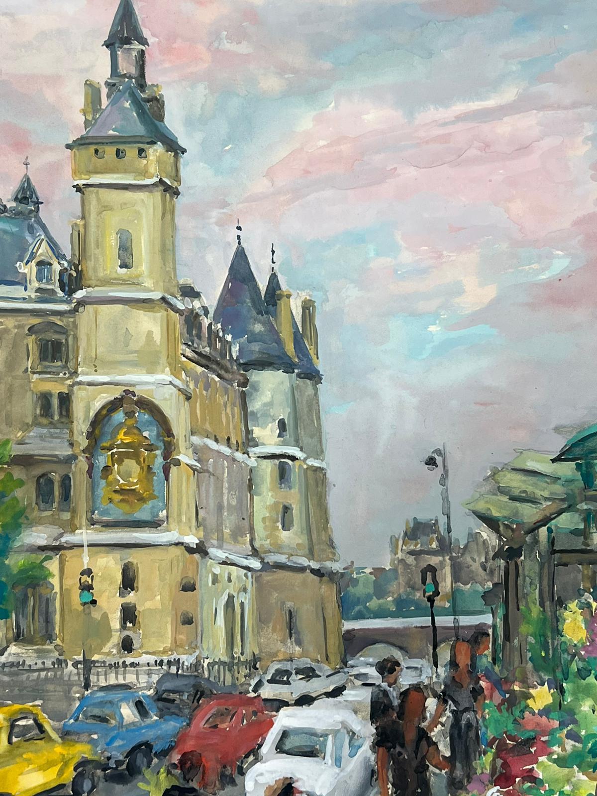 Incantevole scena di strada parigina con mercato dei fiori e architettura storica - Figurative Painting Grigio di Regine David