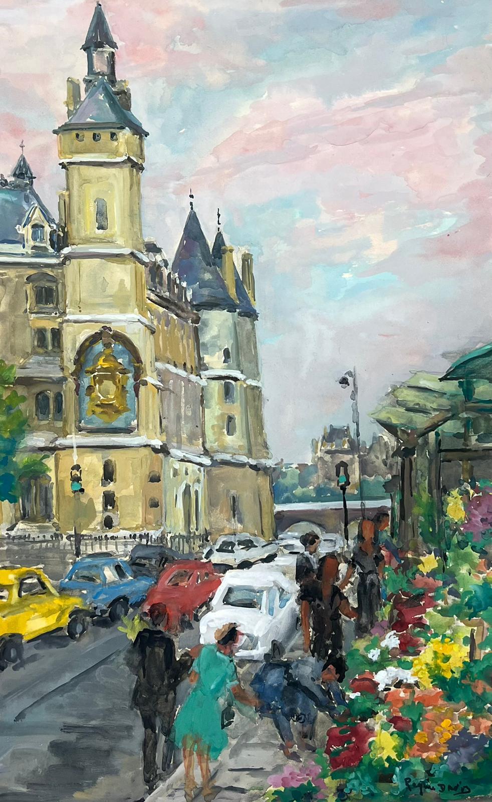 Incantevole scena di strada parigina con mercato dei fiori e architettura storica