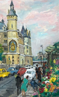 Encantadora escena callejera parisina con mercado de flores y arquitectura histórica