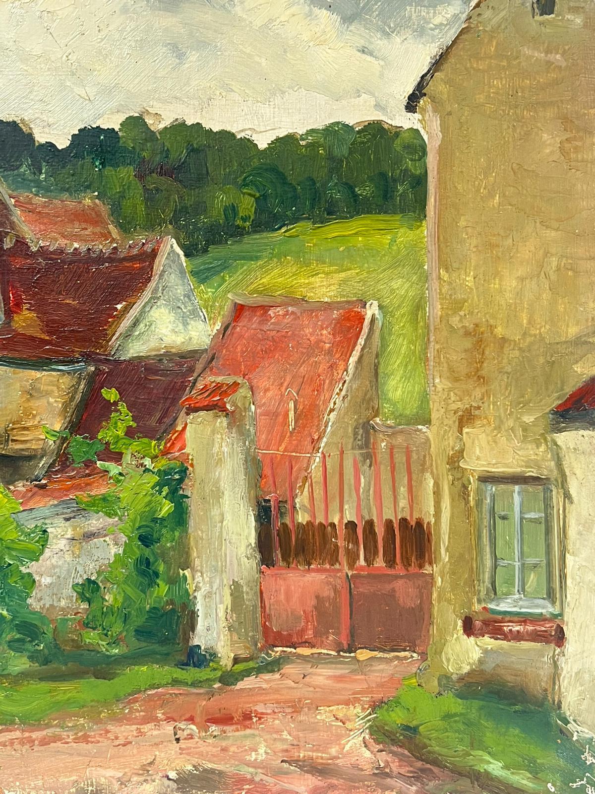 Encantadora escena de pueblo rural francés con casas rústicas de piedra y tejados de tejas rojas - Painting Posimpresionista de Regine David