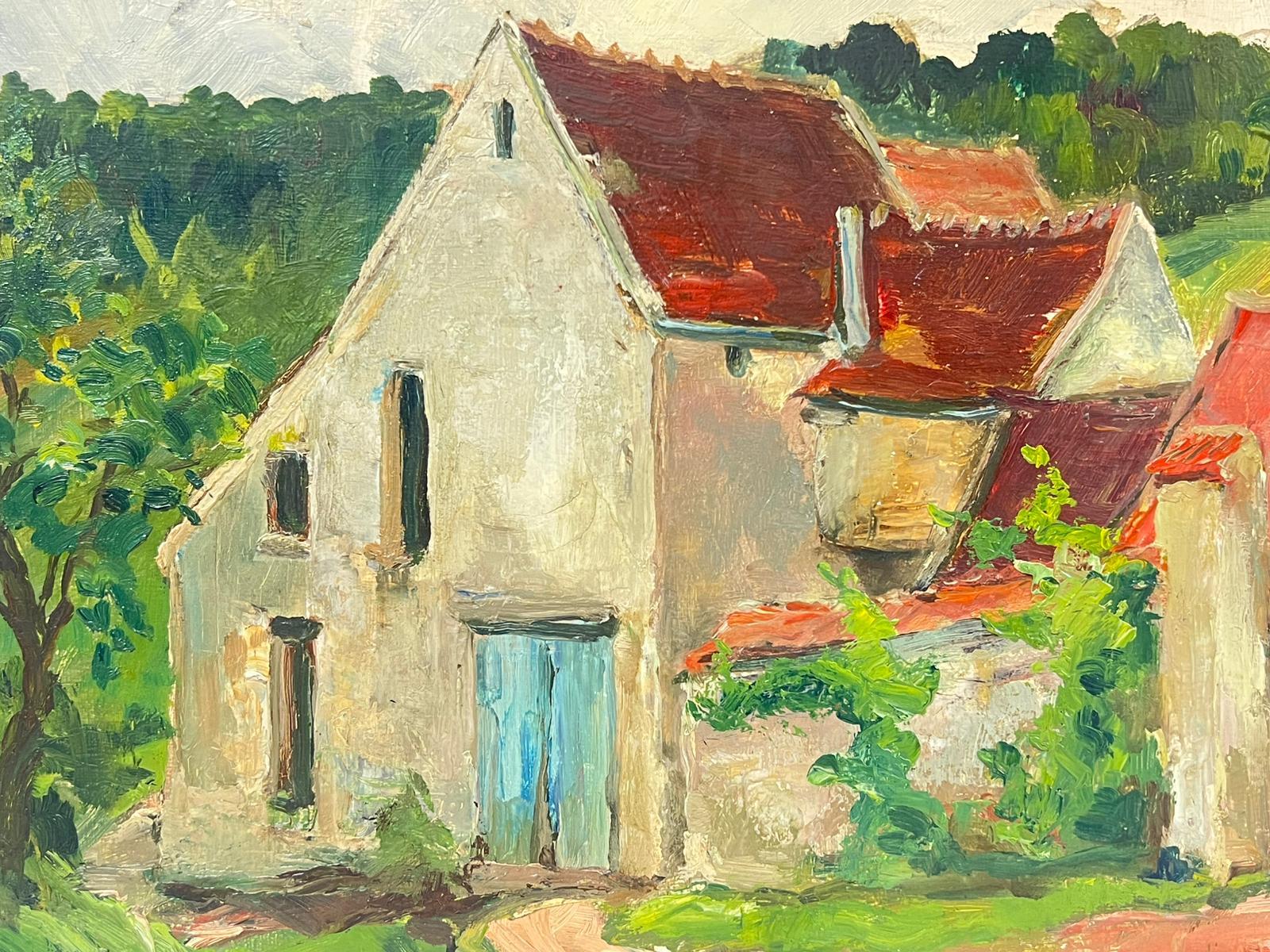 Encantadora escena de pueblo rural francés con casas rústicas de piedra y tejados de tejas rojas - Landscape Painting Marrón de Regine David
