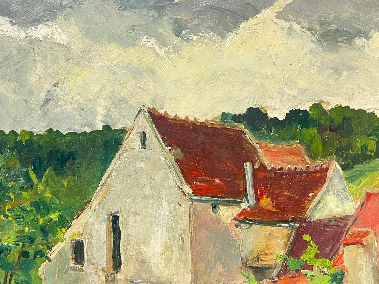 Encantador pueblo rural francés
de Regine David (artista francesa, 1910-2018)
óleo sobre tabla, sin enmarcar
tablero: 15 x 18 pulgadas
Estado: Este cuadro está en excelente estado, con colores vibrantes y detalles bien conservados. El tablero está