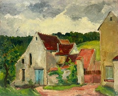 Charmante scène de village français rurale avec des maisons rustiques en pierre et des coqs à niveaux rouges