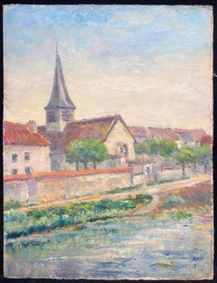 Charming Village by the River Bank Scene, Ölgemälde