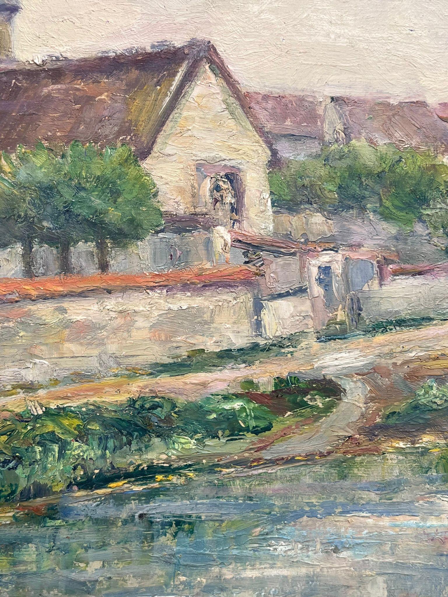 Encantador pueblo junto a la orilla del río Pintura al óleo - Landscape Painting Gris de Regine David