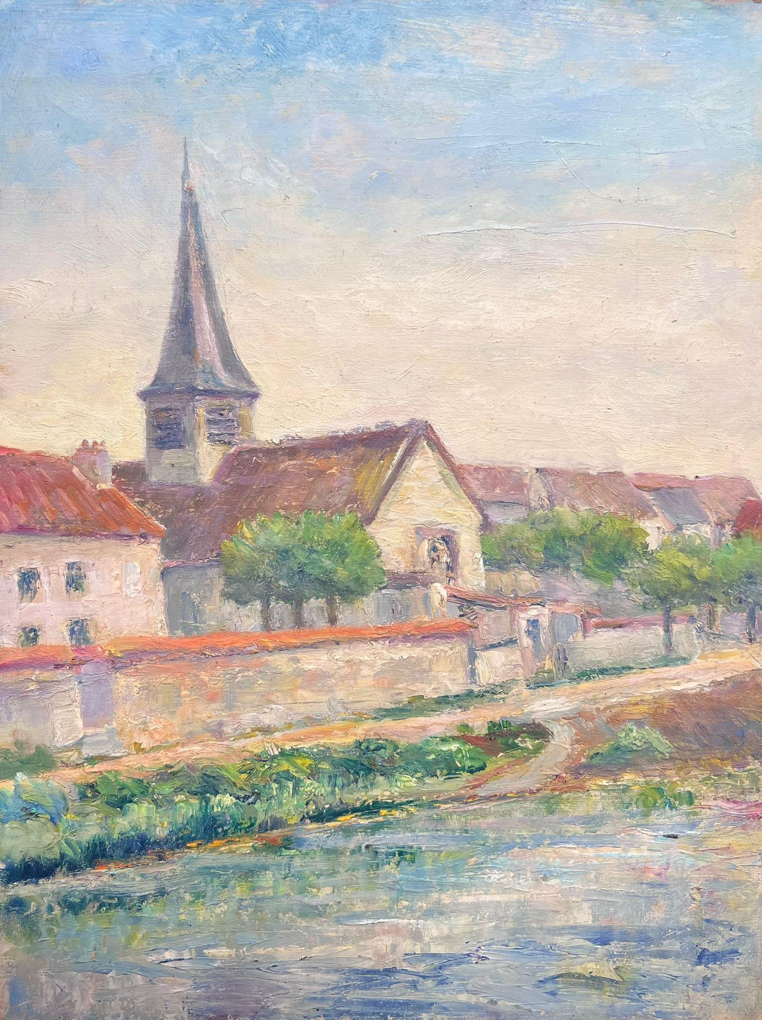 Encantador pueblo junto a la orilla del río Pintura al óleo en venta 1
