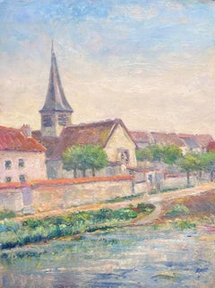 Charming Village by the River Bank Scene Oil Painting