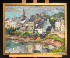 Charmant village au bord de l'eau Paysage vibrant Peinture à l'huile française d'époque