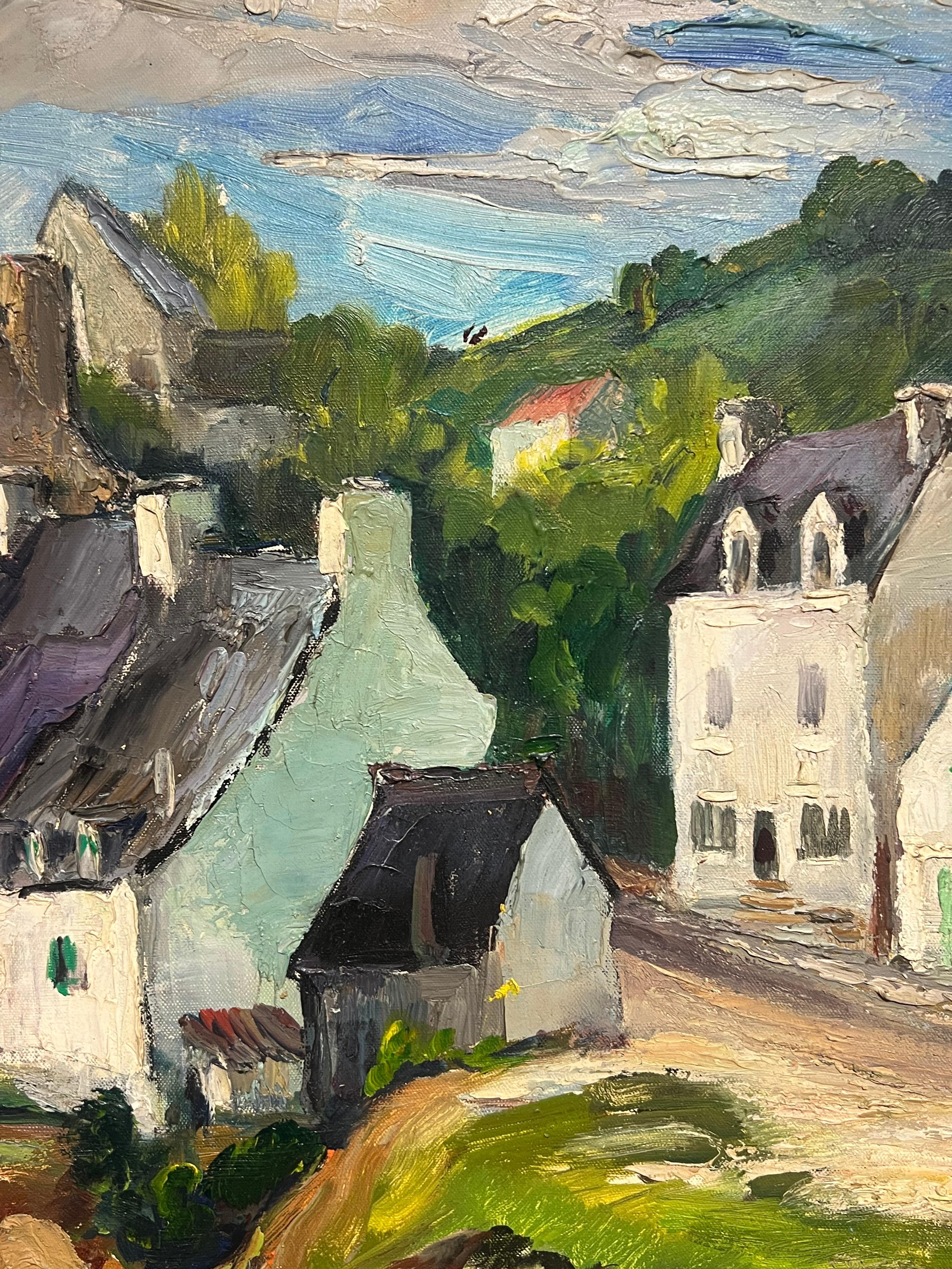 Incantevole villaggio sull'acqua, paesaggio vibrante, pittura a olio francese d'epoca - Painting Postimpressionismo di Regine David